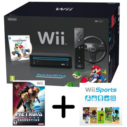 Nintendo Wii konzol (fekete) + Wii Wheel, Wii Remote Plus + Metroid Corruption, Wii Sports