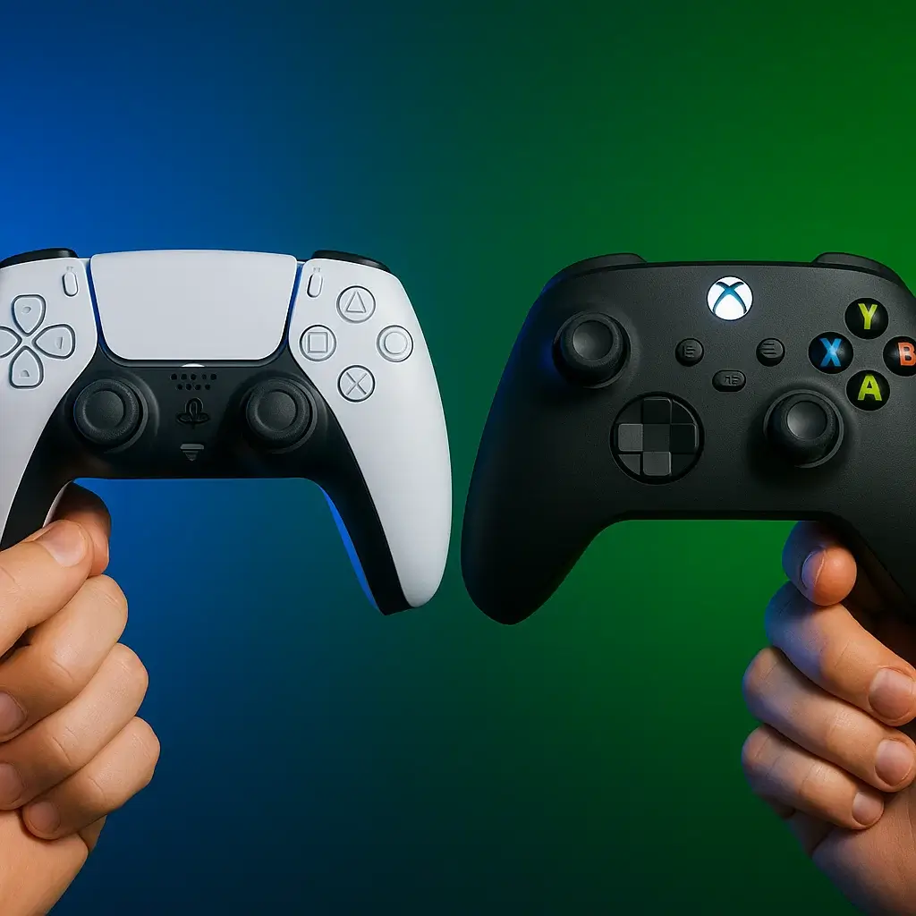 PS5 és Xbox kontroller kézben